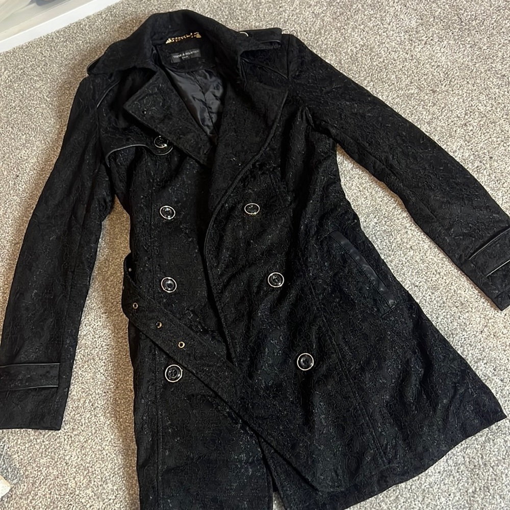 Black and gold lace trench coat